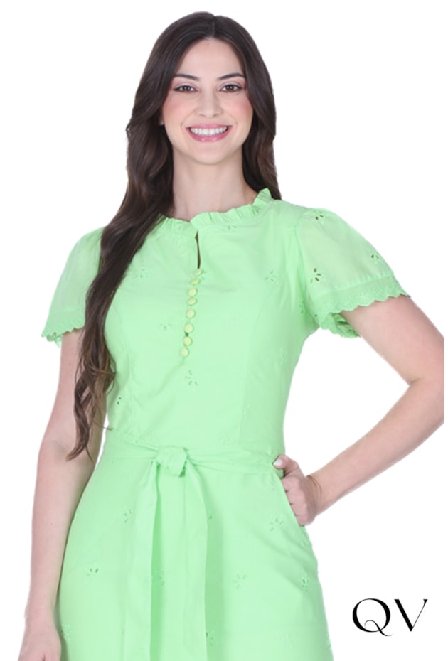 VESTIDO EM LAISE DECOTE COM BOTÕES VERDE - HAPUK