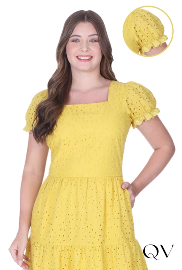 VESTIDO EM LAISE DECOTE RETO AMARELO - HAPUK