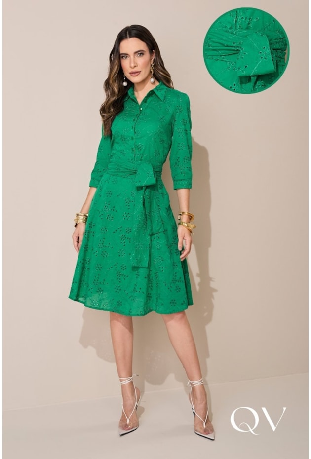 VESTIDO EM LAISE EVASÊ CAMISARIA VERDE - JANY PIM VESTIDO EM LAISE EVASÊ CAMISARIA VERDE - JANY PIM