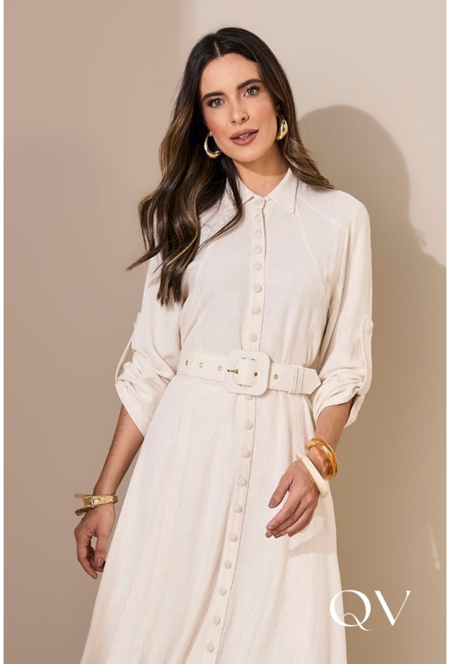 VESTIDO EM LINHÃO CAMISARIA OFF WHITE - JANY PIM