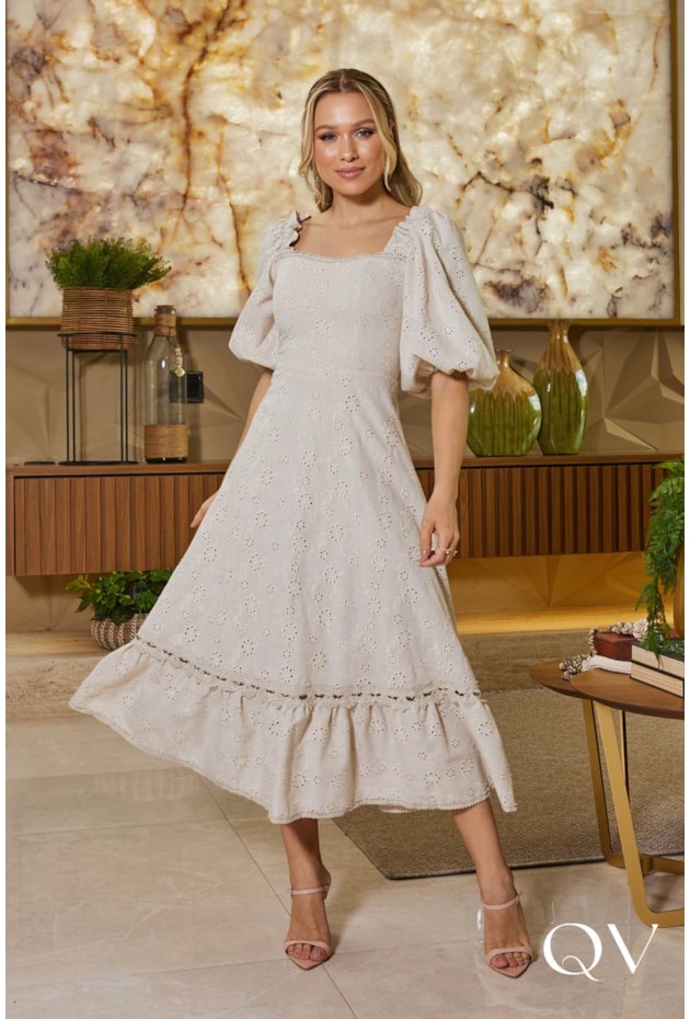 VESTIDO EM LINHO BORDADO MIDI CREME - DOCE MARIA VESTIDO EM LINHO BORDADO MIDI CREME - DOCE MARIA