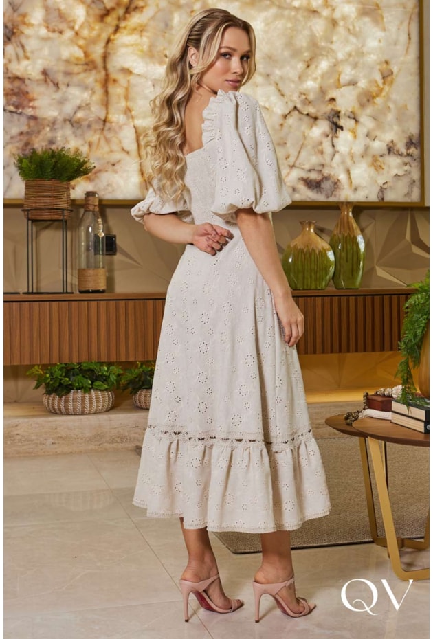 VESTIDO EM LINHO BORDADO MIDI CREME - DOCE MARIA VESTIDO EM LINHO BORDADO MIDI CREME - DOCE MARIA