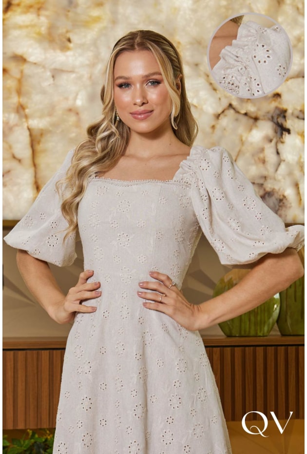 VESTIDO EM LINHO BORDADO MIDI CREME - DOCE MARIA