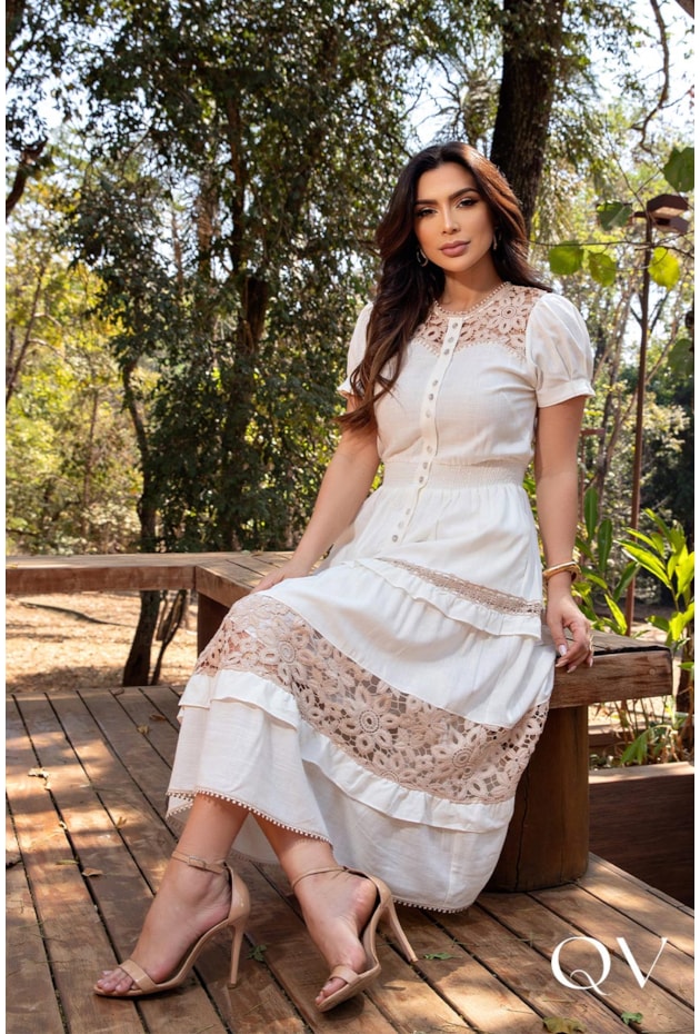 VESTIDO EM LINHO COM ENTREMEIOS OFF - LUZIA FAZZOLLI