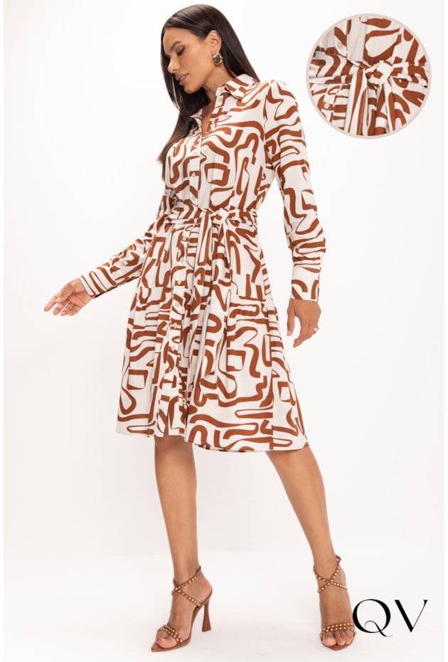 VESTIDO EM LINHO ESTAMPA ABSTRATO CRU - LEKAZIS