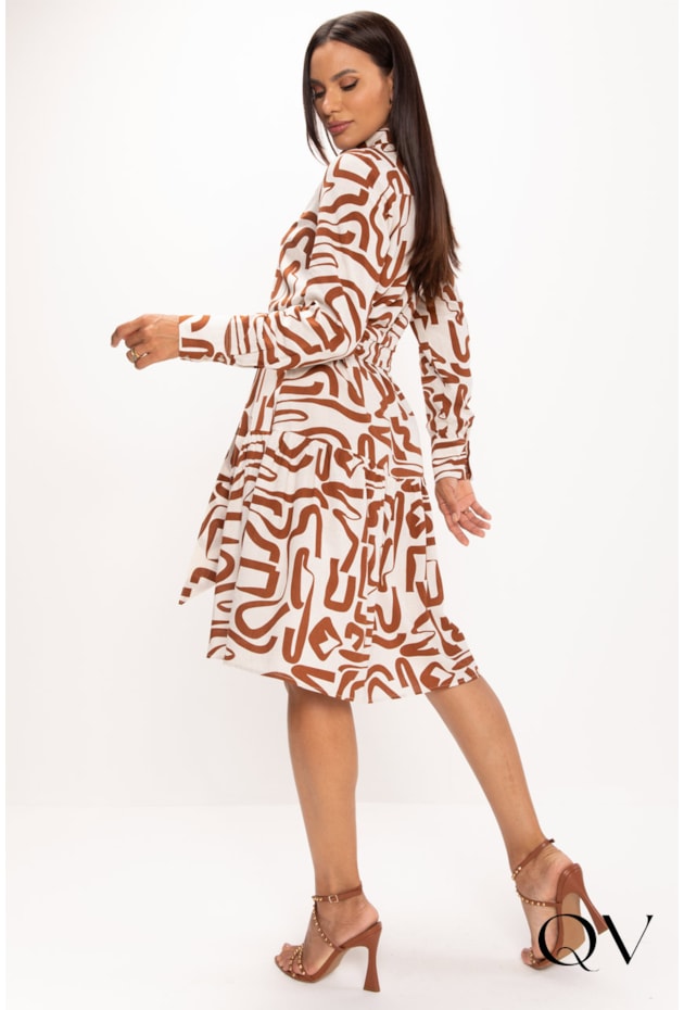 VESTIDO EM LINHO ESTAMPA ABSTRATO CRU - LEKAZIS