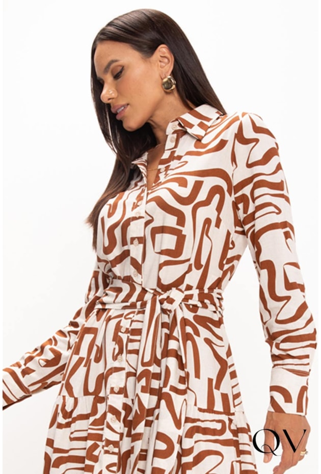 VESTIDO EM LINHO ESTAMPA ABSTRATO CRU - LEKAZIS