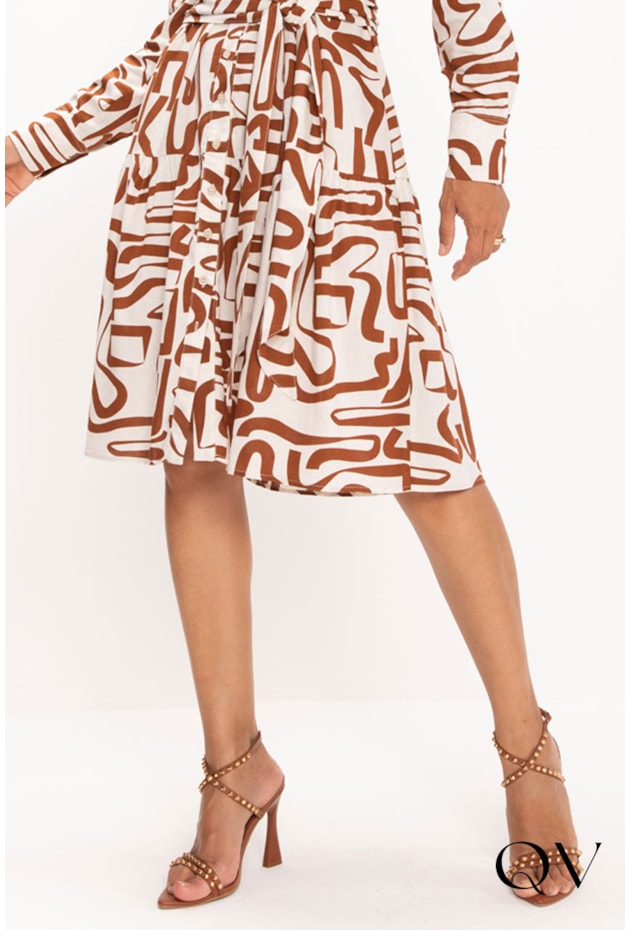 VESTIDO EM LINHO ESTAMPA ABSTRATO CRU - LEKAZIS