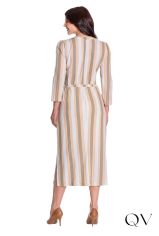 VESTIDO EM LINHO LISTRADO COM FAIXA NA CINTURA VERDE - HAPUK