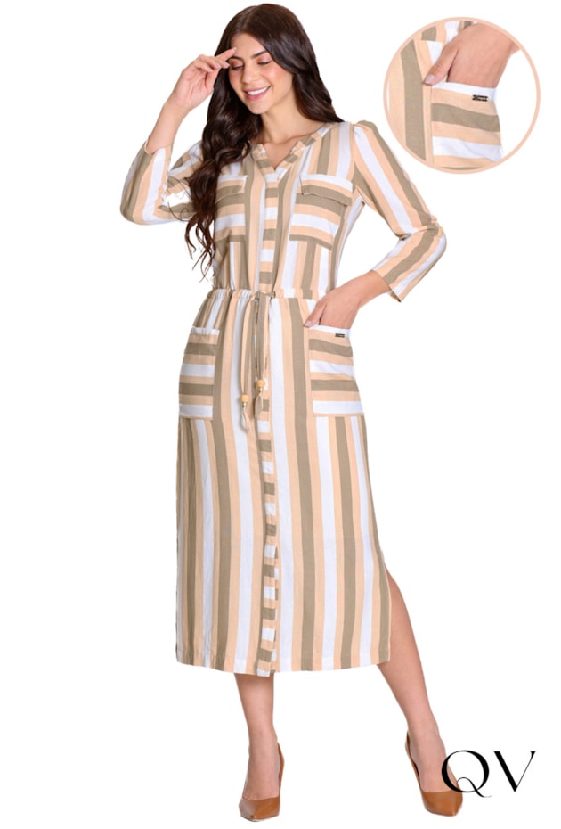 VESTIDO EM LINHO LISTRADO COM FAIXA NA CINTURA VERDE - HAPUK