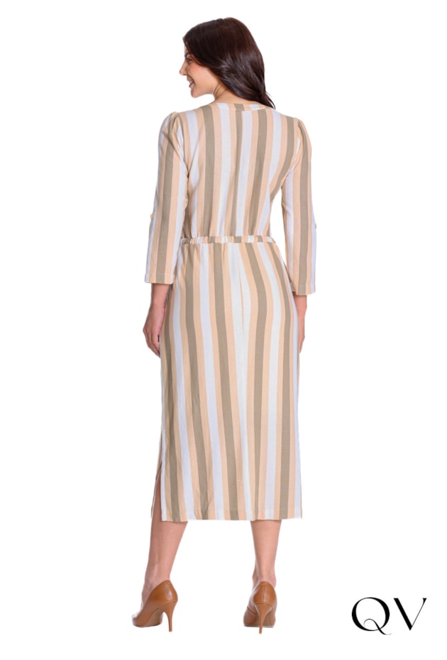 VESTIDO EM LINHO LISTRADO COM FAIXA NA CINTURA VERDE - HAPUK