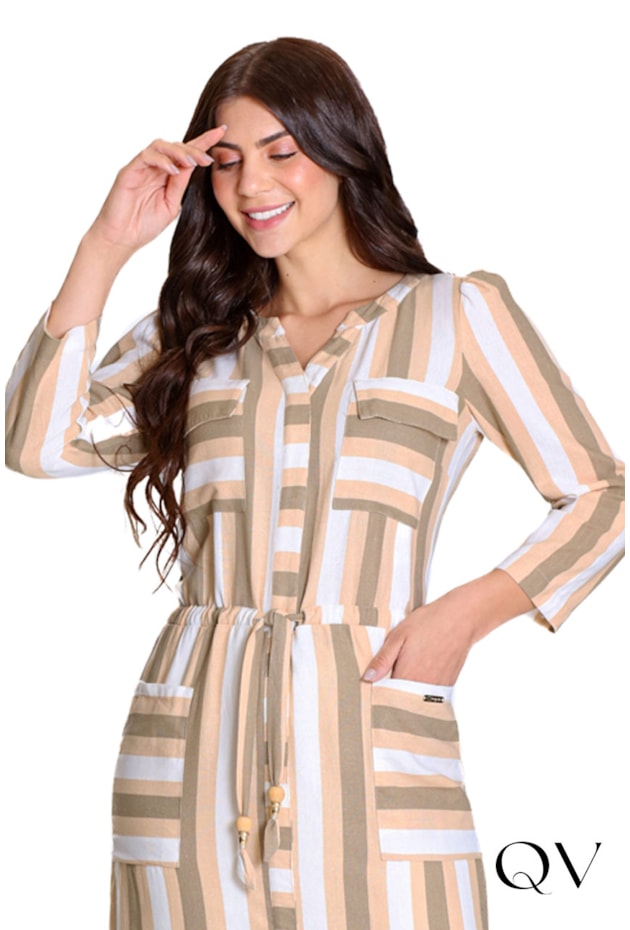 VESTIDO EM LINHO LISTRADO COM FAIXA NA CINTURA VERDE - HAPUK