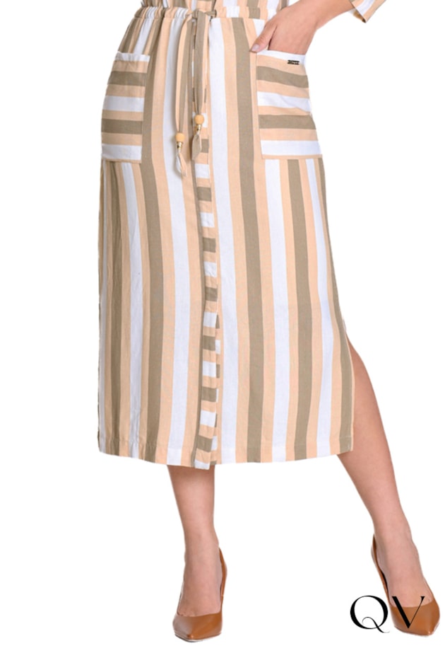 VESTIDO EM LINHO LISTRADO COM FAIXA NA CINTURA VERDE - HAPUK