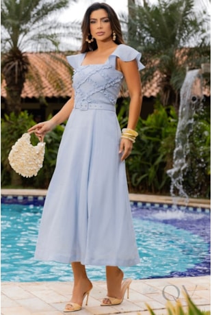 VESTIDO EM LINHO PURO MIDI AZUL COM FRUFRUS - LUZIA FAZZOLLI