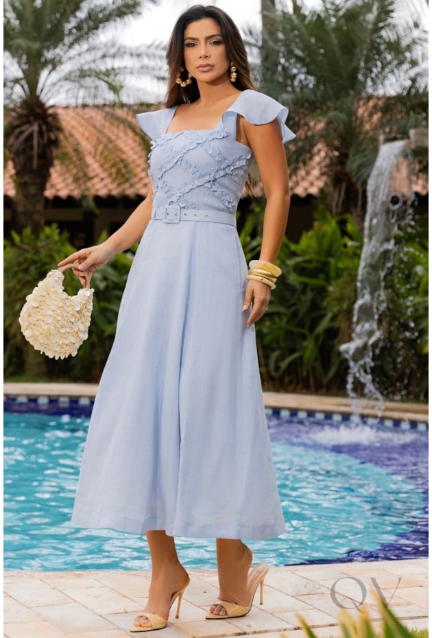 VESTIDO EM LINHO PURO MIDI AZUL COM FRUFRUS - LUZIA FAZZOLLI