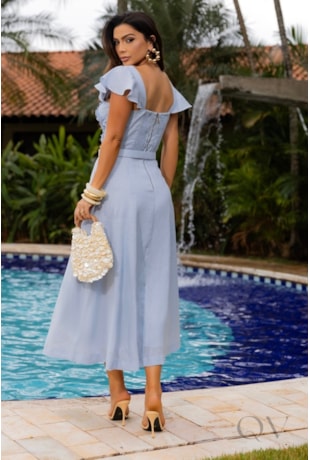 VESTIDO EM LINHO PURO MIDI AZUL COM FRUFRUS - LUZIA FAZZOLLI