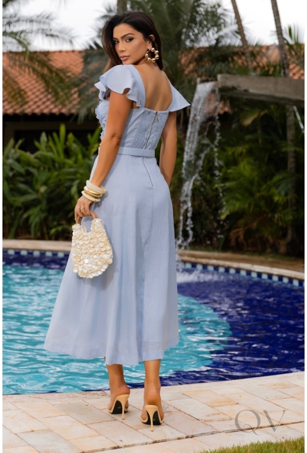 VESTIDO EM LINHO PURO MIDI AZUL COM FRUFRUS - LUZIA FAZZOLLI