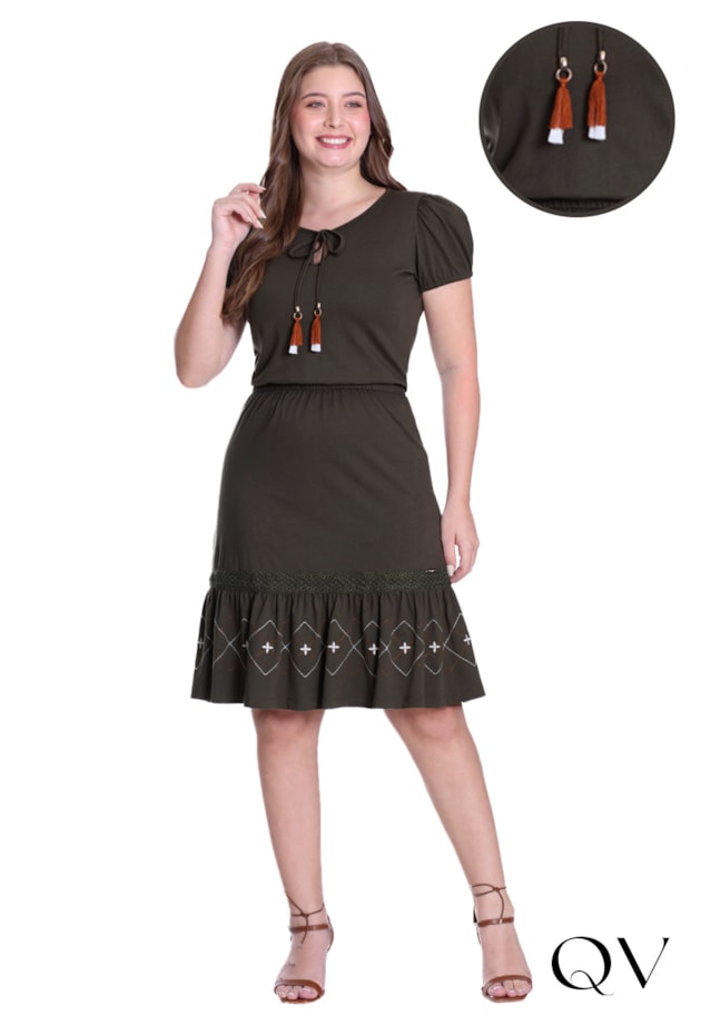 VESTIDO EM MALHA ALGODÃO BORDADO INDUSTRIAL VERDE MILITAR - HAPUK