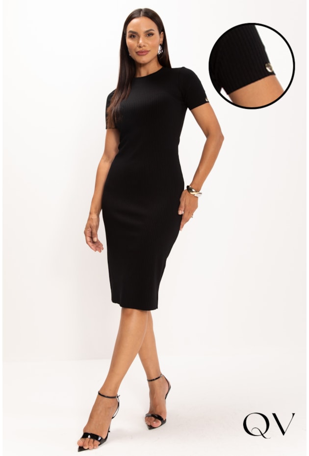 VESTIDO EM MALHA CANELADA GOLA ARREDONDADA PRETO - LEKAZIS