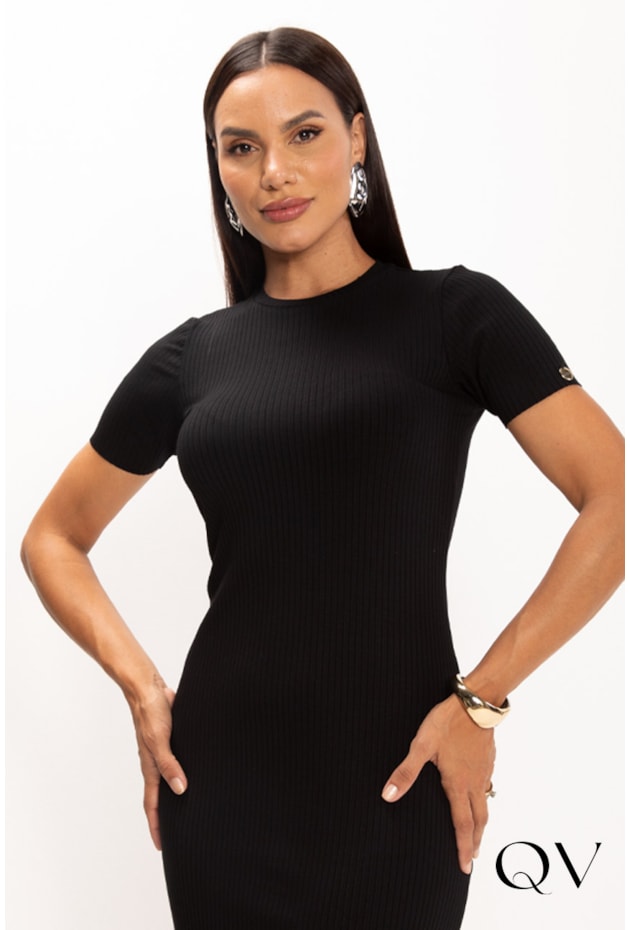 VESTIDO EM MALHA CANELADA GOLA ARREDONDADA PRETO - LEKAZIS