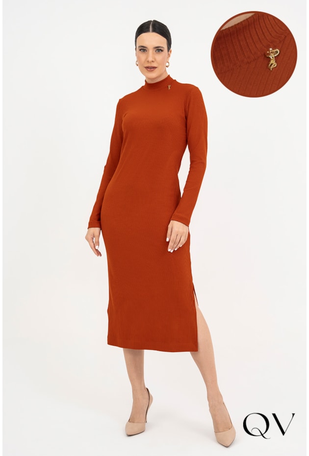 VESTIDO EM MALHA CANELADA LARANJA - VIA TOLENTINO