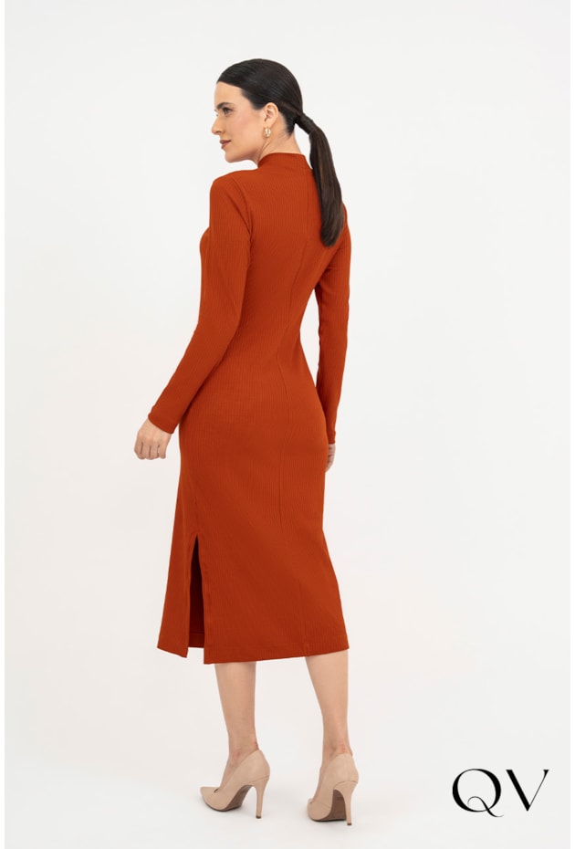 VESTIDO EM MALHA CANELADA LARANJA - VIA TOLENTINO