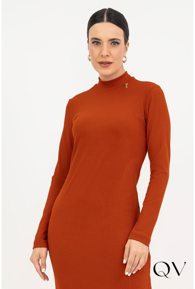 VESTIDO EM MALHA CANELADA LARANJA - VIA TOLENTINO