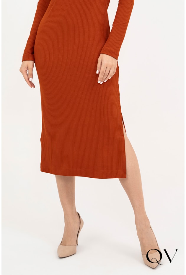 VESTIDO EM MALHA CANELADA LARANJA - VIA TOLENTINO