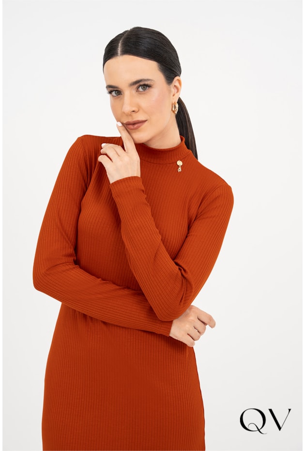 VESTIDO EM MALHA CANELADA LARANJA - VIA TOLENTINO