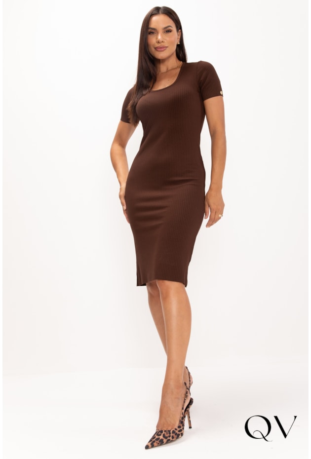 VESTIDO EM MALHA CANELADA MARROM - LEKAZIS