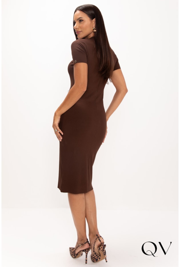 VESTIDO EM MALHA CANELADA MARROM - LEKAZIS