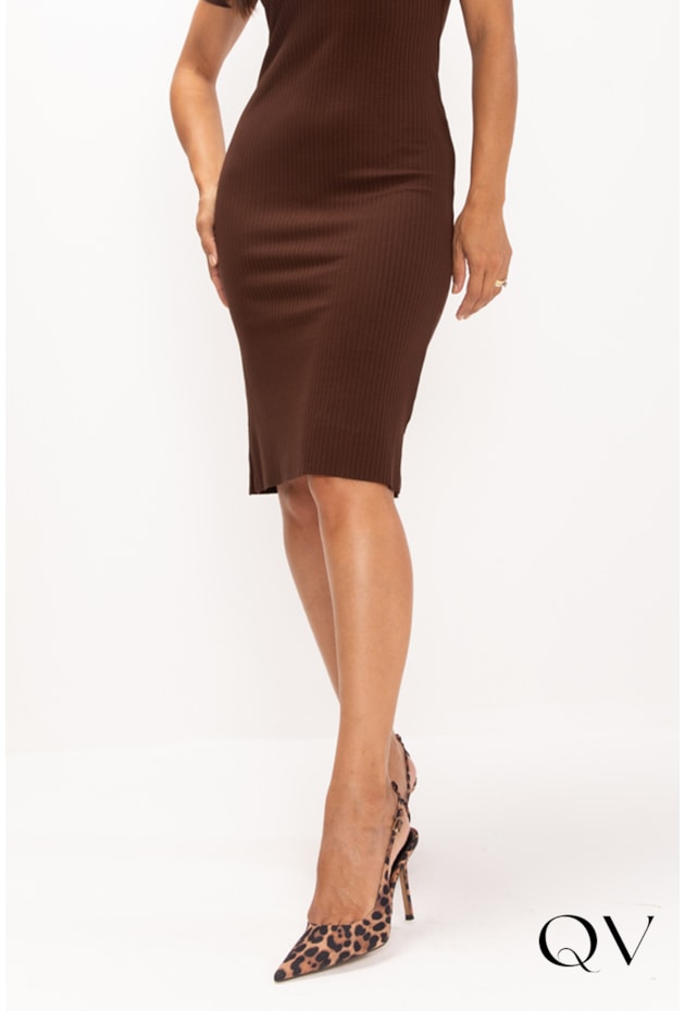 VESTIDO EM MALHA CANELADA MARROM - LEKAZIS