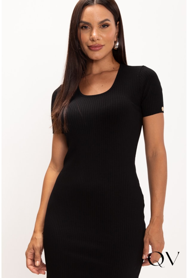 VESTIDO EM MALHA CANELADA PRETO - LEKAZIS