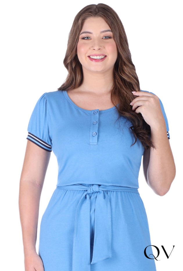 VESTIDO EM MALHA COM PUNHO EM RIBANA AZUL - HAPUK