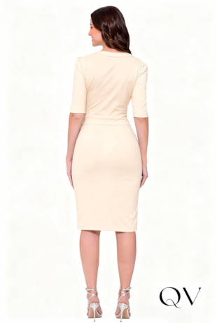 VESTIDO EM MALHA CREPE ZÍPER FRONTAL BEGE - HAPUK