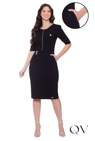 VESTIDO EM MALHA CREPE ZÍPER FRONTAL PRETO - HAPUK