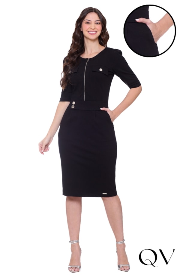 VESTIDO EM MALHA CREPE ZÍPER FRONTAL PRETO - HAPUK