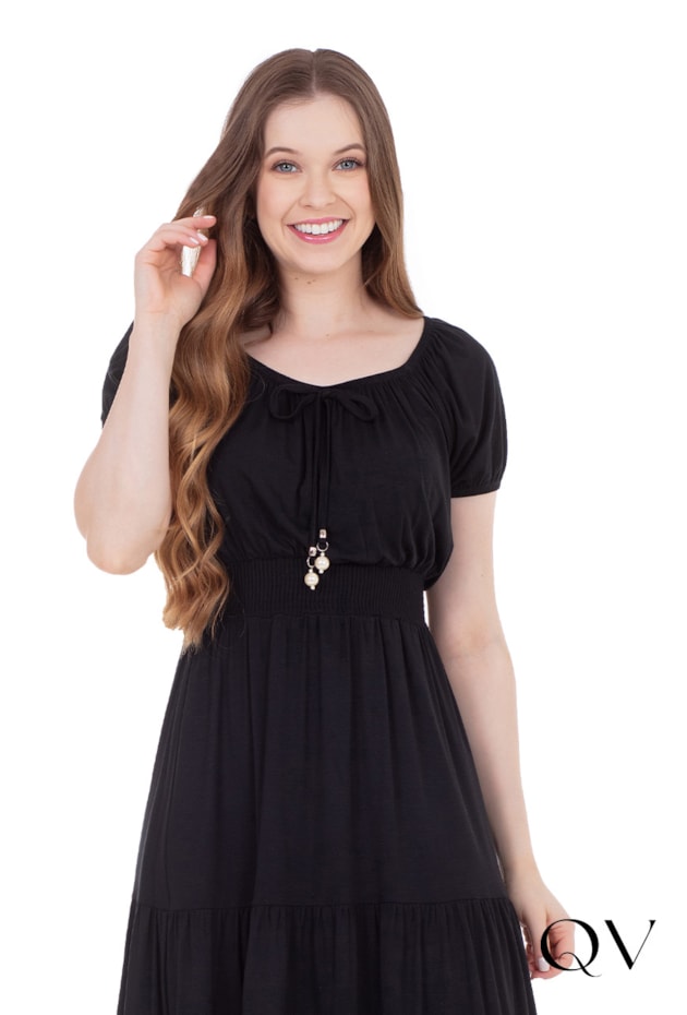 VESTIDO EM MALHA DECOTE COM ELÁSTICO PRETO - HAPUK