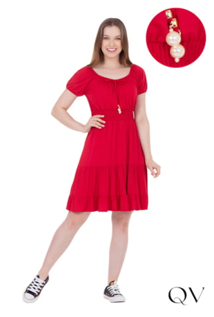 VESTIDO EM MALHA DECOTE COM ELÁSTICO VERMELHO - HAPUK