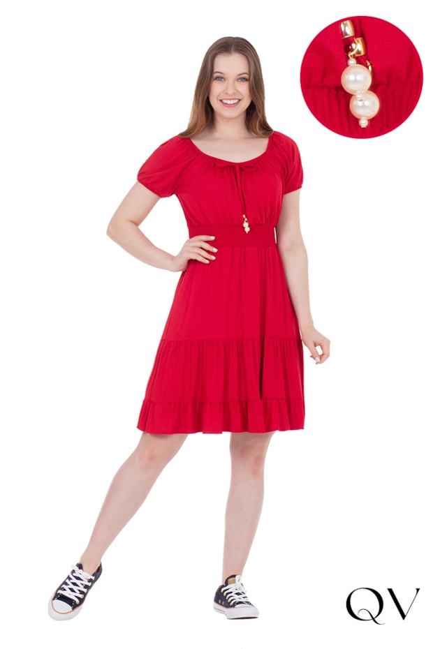 VESTIDO EM MALHA DECOTE COM ELÁSTICO VERMELHO - HAPUK