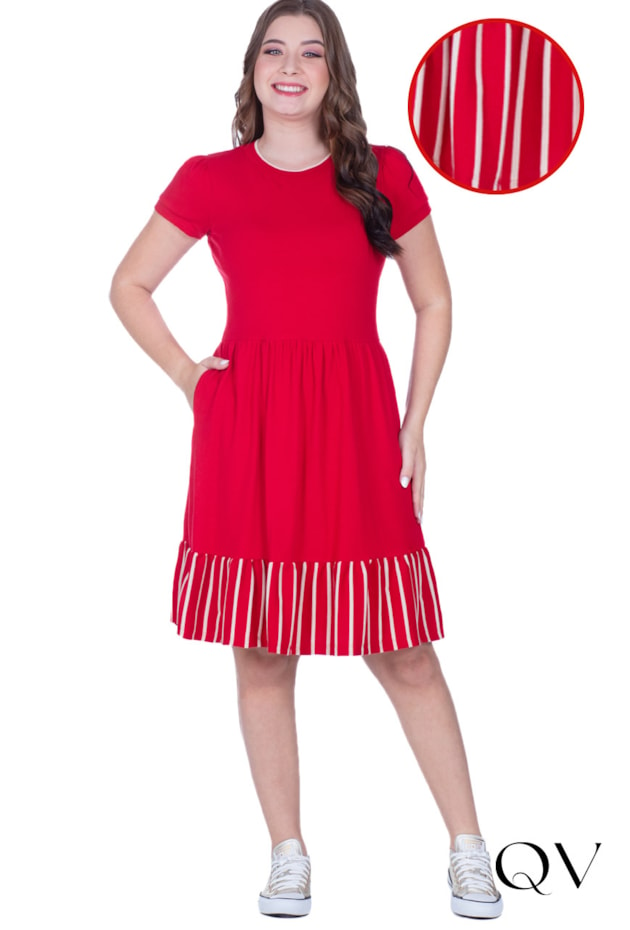 VESTIDO EM MALHA LISA E LISTRADA VERMELHO - HAPUK