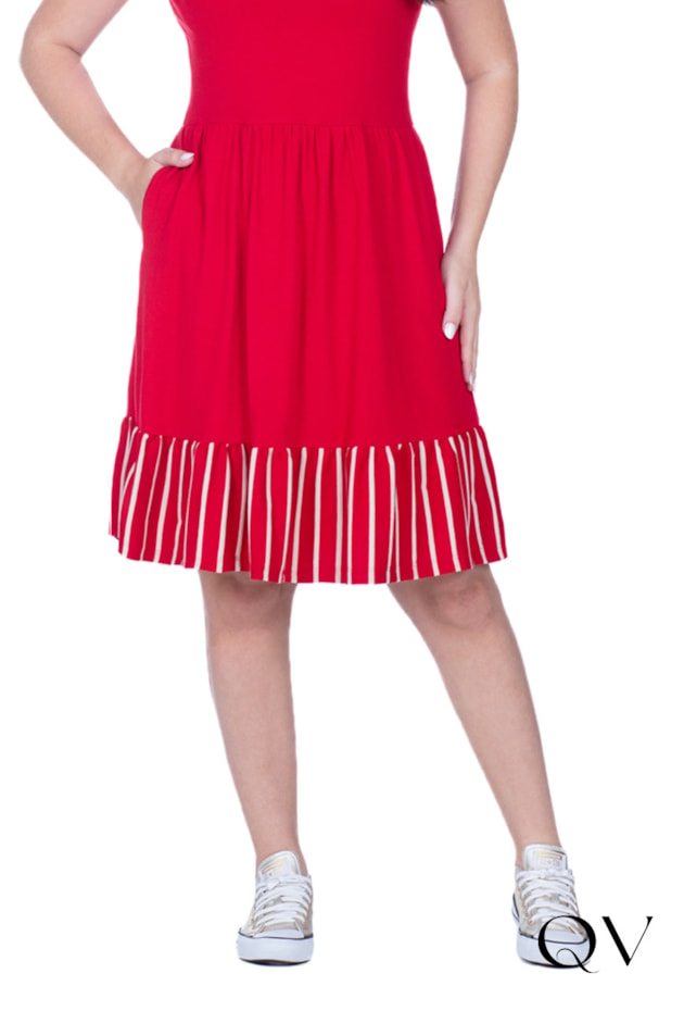 VESTIDO EM MALHA LISA E LISTRADA VERMELHO - HAPUK