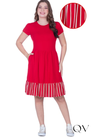 VESTIDO EM MALHA LISA E LISTRADA VERMELHO - HAPUK