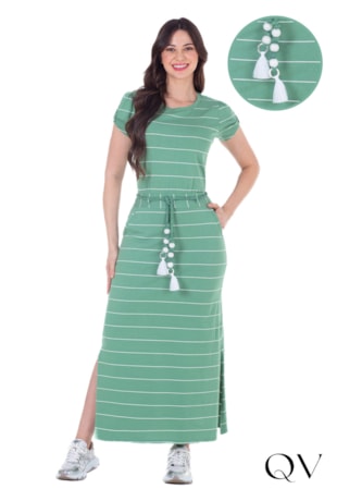 VESTIDO EM MALHA LISTRADA COM BOLSOS VERDE - HAPUK