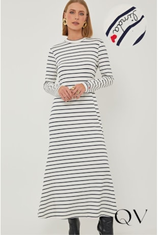 VESTIDO EM MALHA LISTRADA OFF WHITE AZUL MARINHO - LINDA DE MORRER