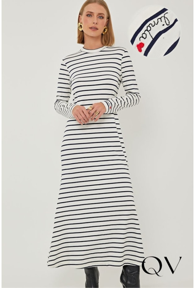 VESTIDO EM MALHA LISTRADA OFF WHITE AZUL MARINHO - LINDA DE MORRER