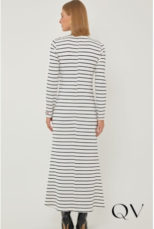 VESTIDO EM MALHA LISTRADA OFF WHITE AZUL MARINHO - LINDA DE MORRER