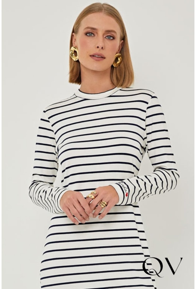 VESTIDO EM MALHA LISTRADA OFF WHITE AZUL MARINHO - LINDA DE MORRER