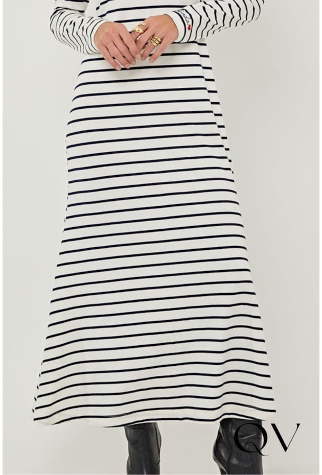 VESTIDO EM MALHA LISTRADA OFF WHITE AZUL MARINHO - LINDA DE MORRER