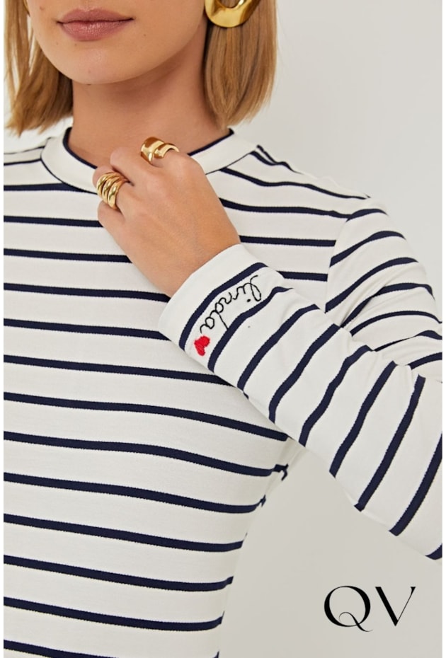 VESTIDO EM MALHA LISTRADA OFF WHITE AZUL MARINHO - LINDA DE MORRER